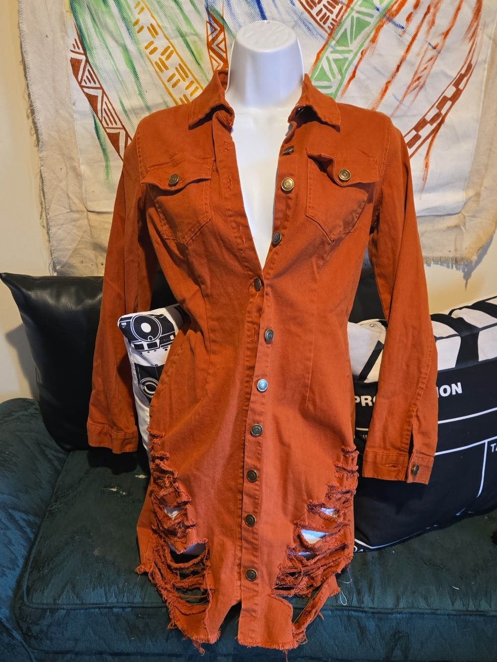 Fashion Nova Rust Orange Distressed Button-Front Denim MINI DRESS - Picture 1 of 5